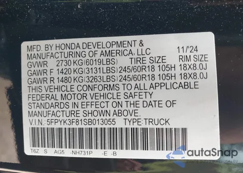 2025 Honda Ridgeline Black Edition из США, поврежденный, VIN 5FPYK3F81SB013055